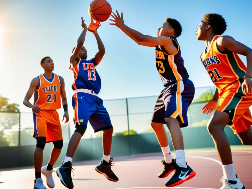 Un emocionante juego de baloncesto juvenil al aire libre, reflejando la contribución del baloncesto al desarrollo juvenil