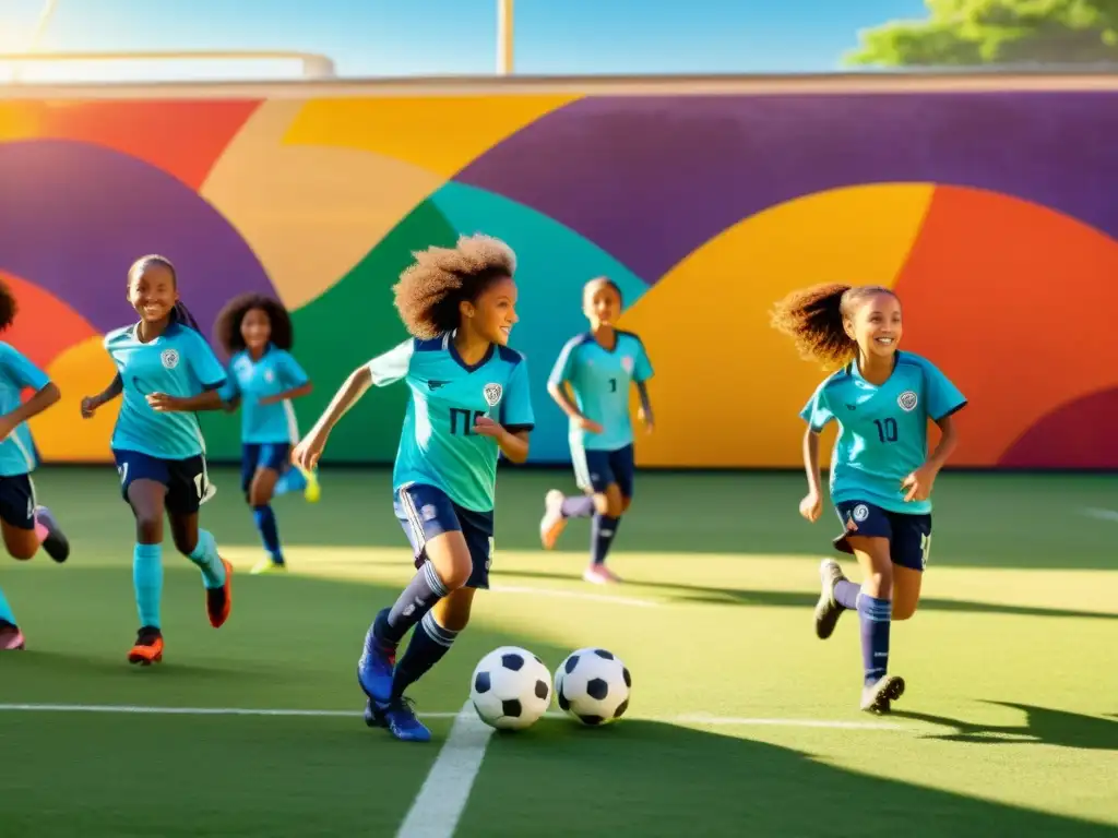 Un emocionante partido de fútbol en un campo urbano, donde niños y niñas disfrutan juntos