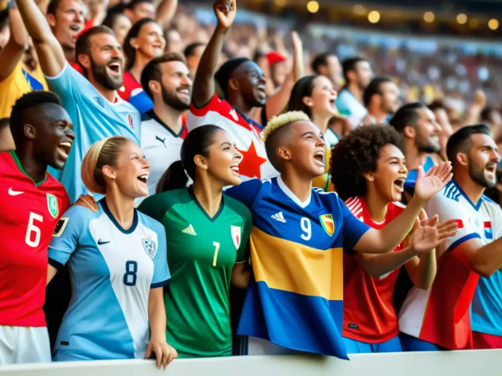 Emocionante unidad de aficionados diversos en el estadio, ondeando banderas de diferentes países