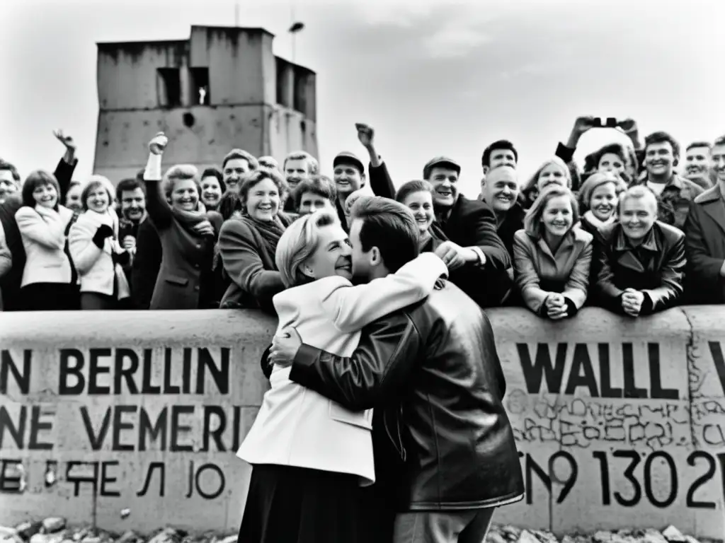 Emotiva celebración en la caída del muro de Berlín, uniendo a ciudadanos del Este y Oeste en un abrazo de esperanza y libertad