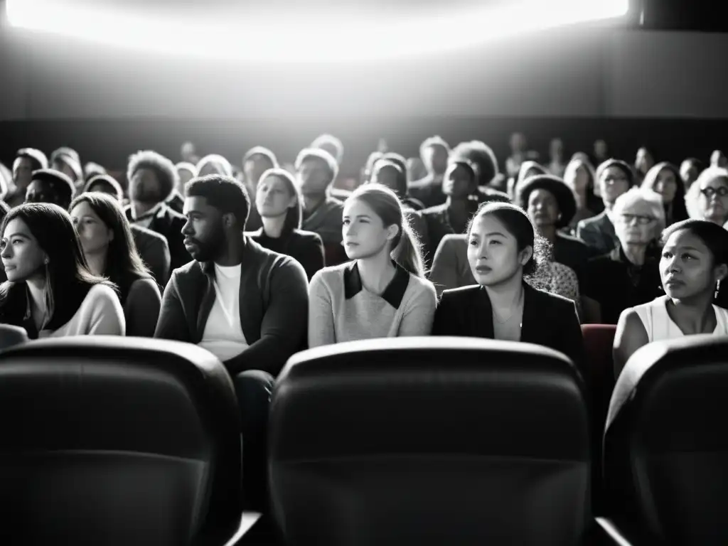 Emotiva imagen en blanco y negro de una diversa audiencia en un cine, reflejando el papel del cine en derechos humanos