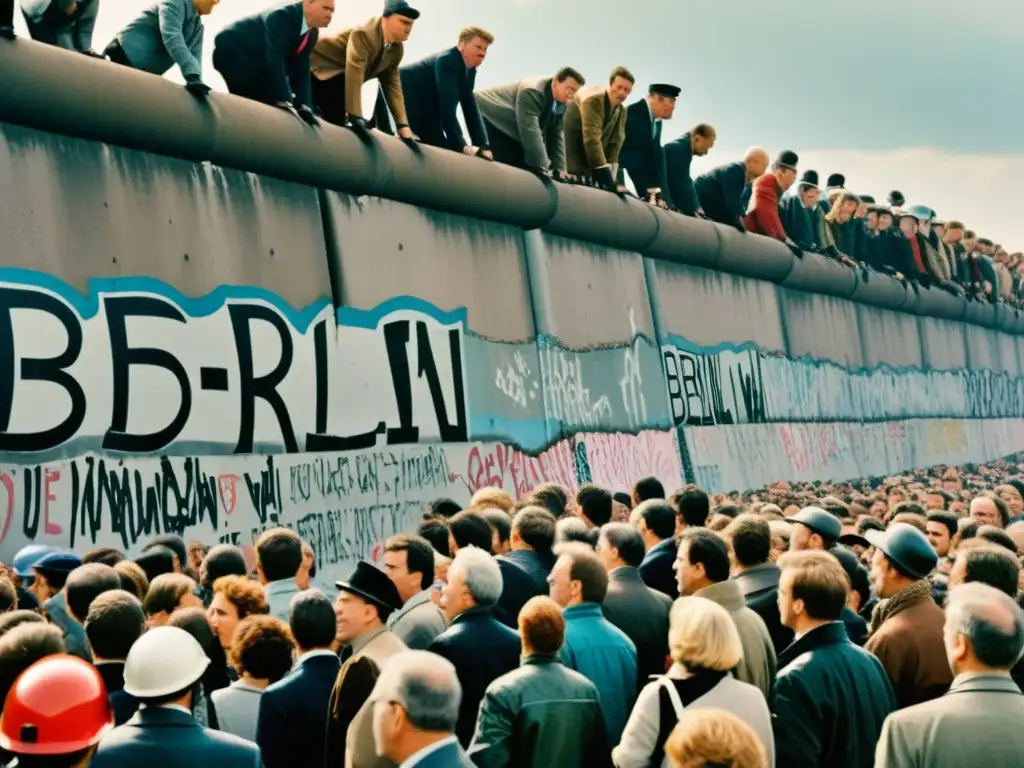 Emotiva imagen de la caída del Muro de Berlín, con multitudes jubilosas, testigos serios y fragmentos de concreto graffiteado