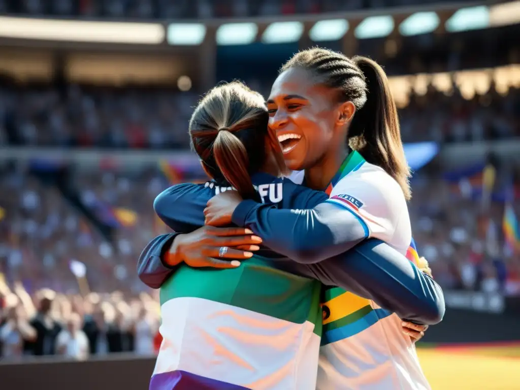 Emotivo abrazo de deportistas LGBT+ celebrando victoria en evento global, con multitud diversa ondeando banderas de orgullo