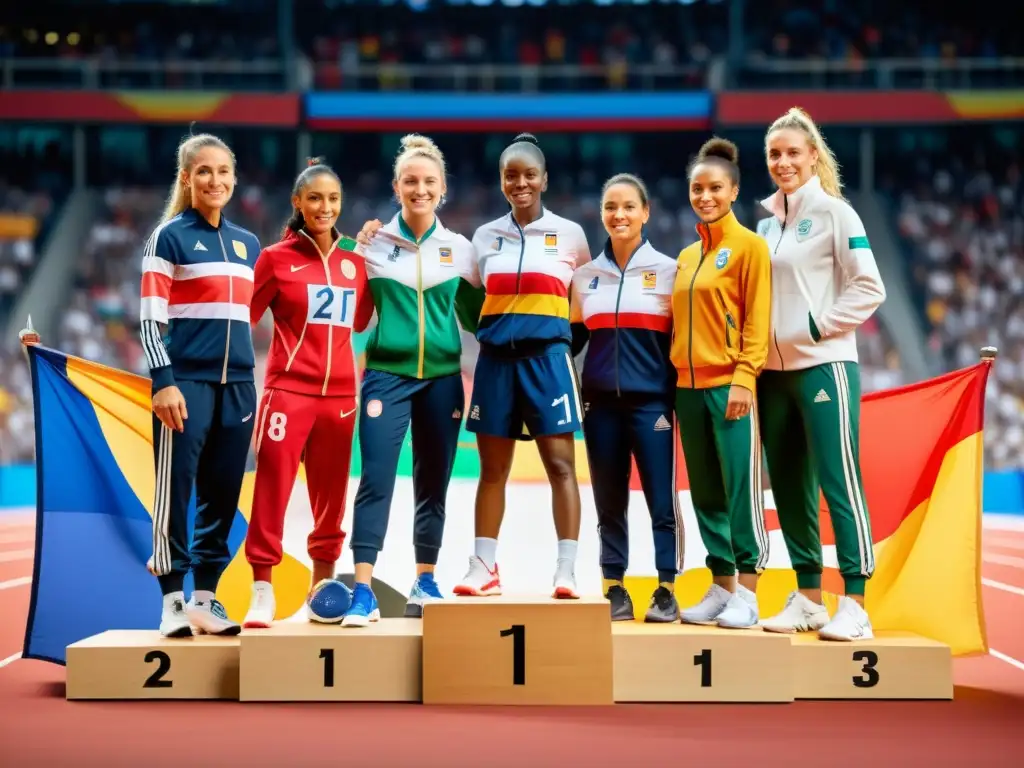 Un emotivo momento de igualdad de género en competiciones internacionales, con atletas femeninas de diferentes países celebrando juntas en el podio