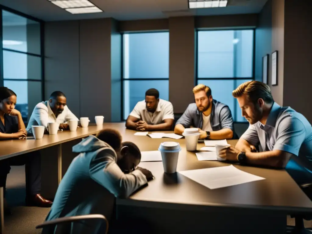 Empleados cansados en sala de descanso precaria, reflejando la precariedad laboral de los contratos de cero horas