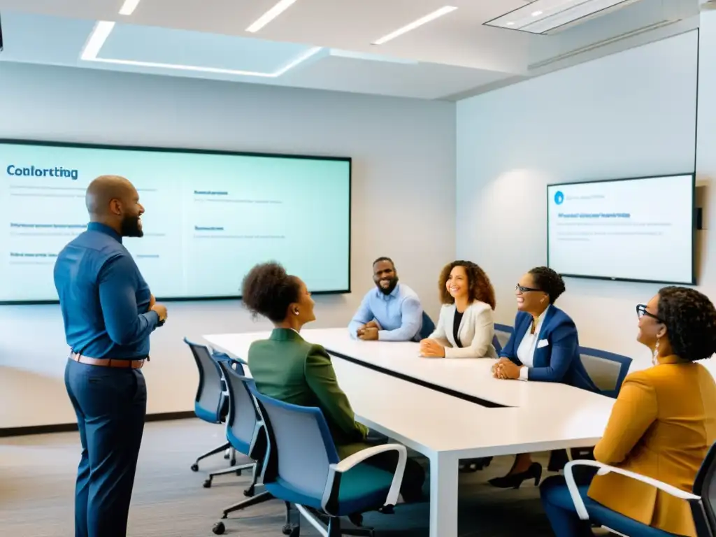 Entrenamiento laboral inclusivo y comprometido Empleados diversos participando en capacitación sobre responsabilidad corporativa y derechos laborales, fomentando inclusividad y ética laboral