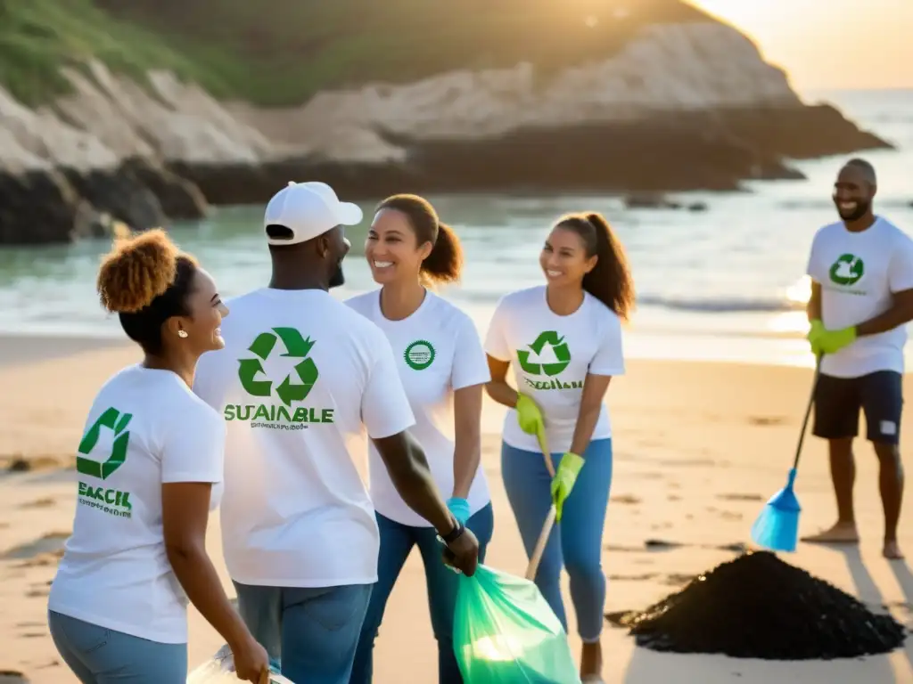 Empleados de empresa sostenible limpian playa al atardecer, mostrando contribución empresas desarrollo sostenible