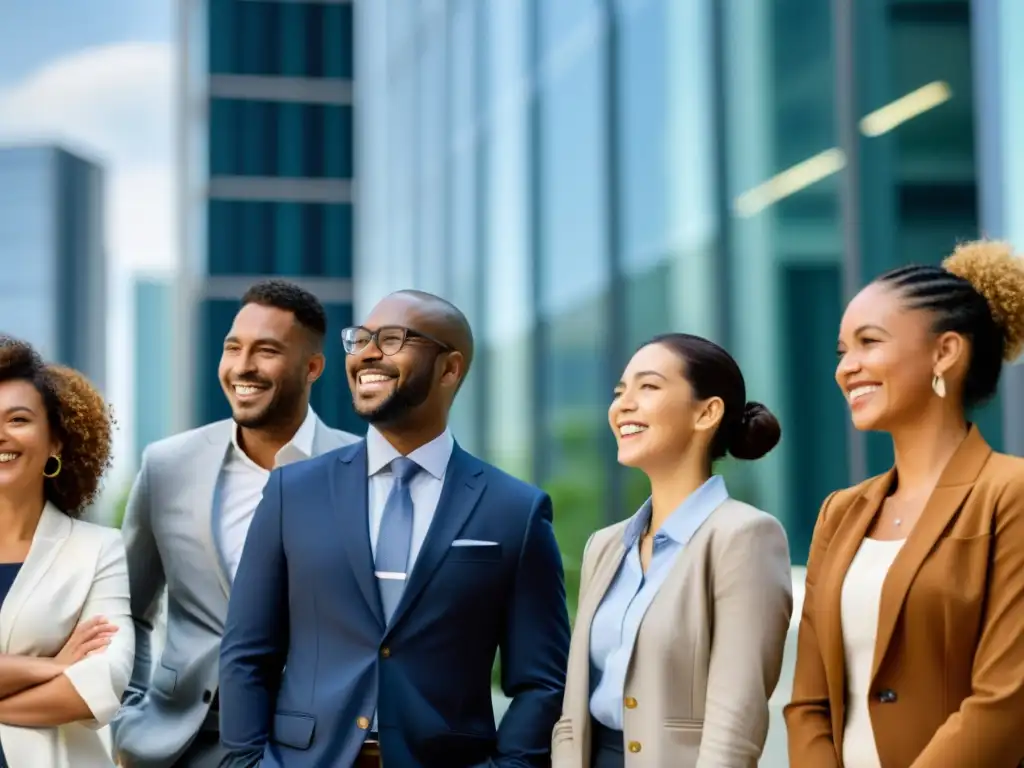 Equipo diverso en ambiente laboral inclusivo Diversos empleados colaborando frente a edificio moderno, promoviendo responsabilidad corporativa en derechos laborales
