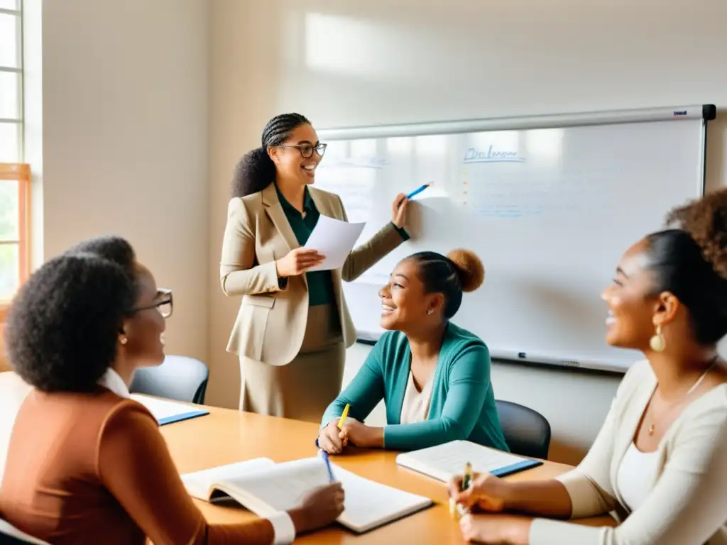 Empoderamiento académico de mujeres: Grupo diverso de mujeres en aula, colaborando, discutiendo y aprendiendo juntas en un ambiente cálido y luminoso