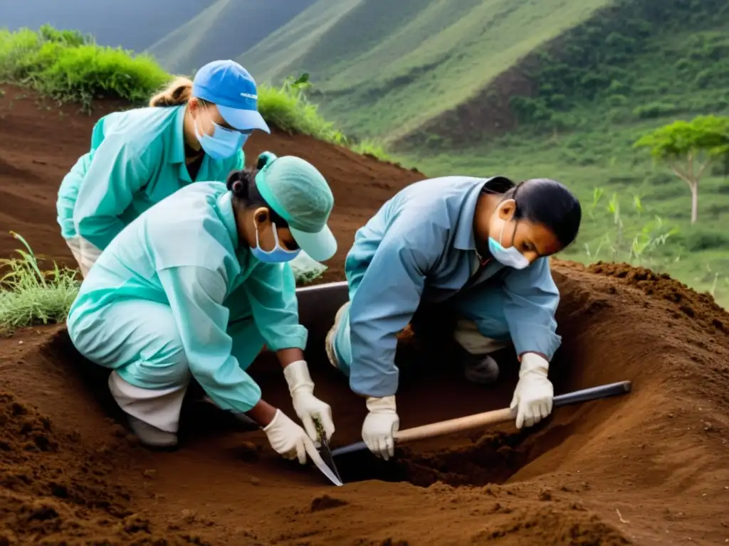 Equipo de antropólogos forenses desentierra restos en campo remoto del Cono Sur, mostrando determinación y solemnidad