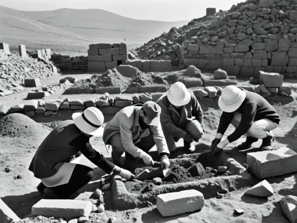 Equipo de arqueólogos excavando artefactos antiguos entre escombros de un templo destruido por conflictos armados