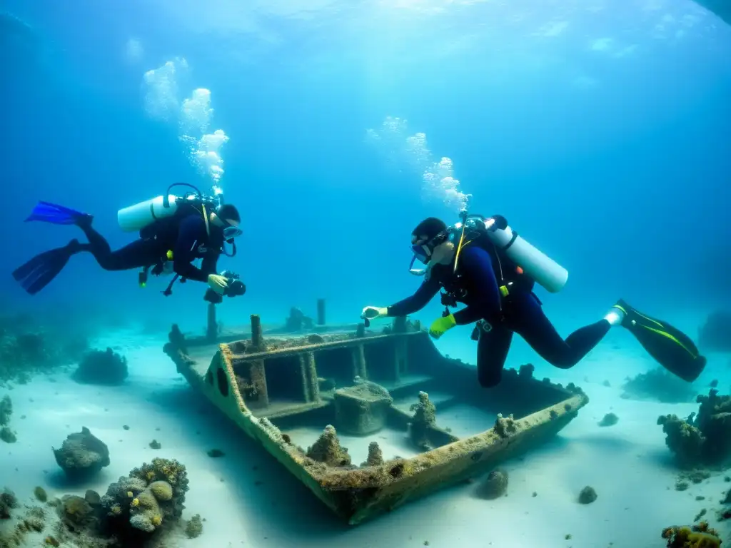 Equipo de arqueólogos marinos preservando patrimonio cultural subacuático en un naufragio, rodeados de la belleza azul del océano