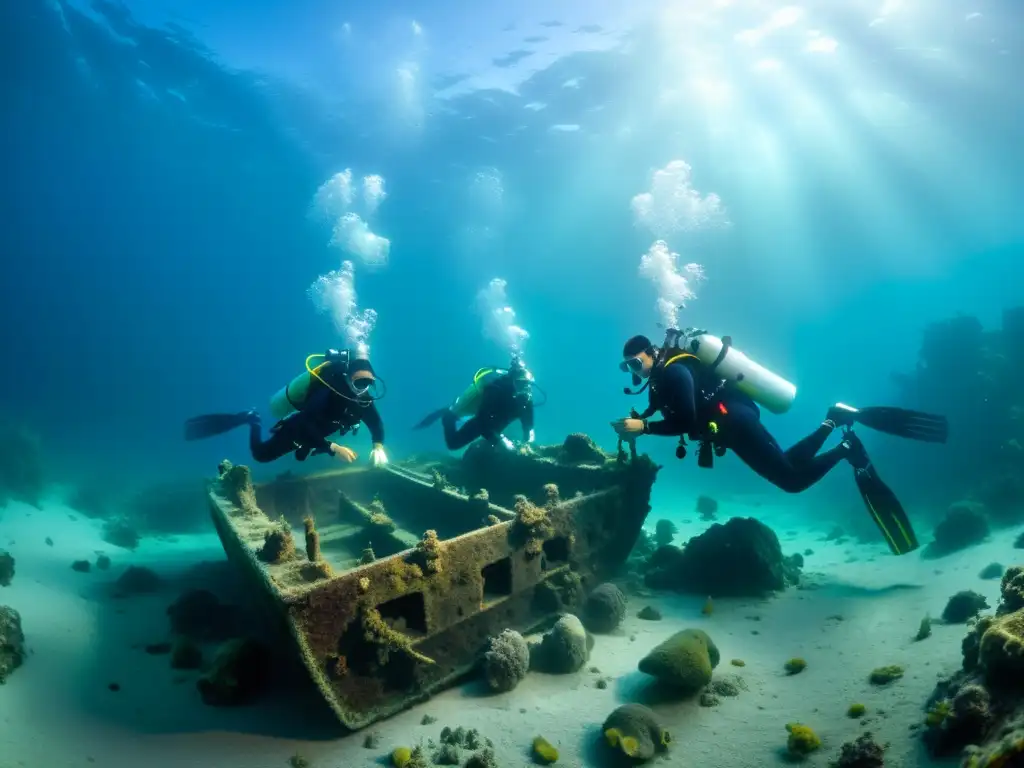 Equipo de arqueólogos subacuáticos preservando patrimonio cultural subacuático en el fondo marino, iluminados por antorchas