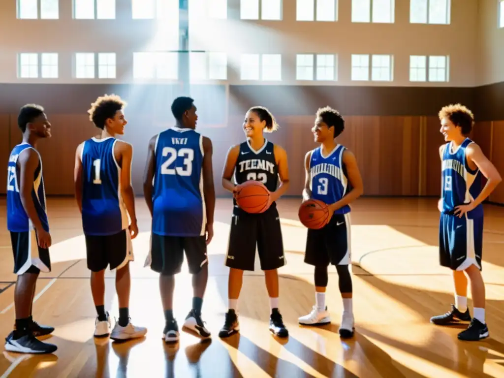 Un equipo de baloncesto juvenil diverso y unido en la cancha, irradiando camaradería y celebrando la contribución del baloncesto al desarrollo juvenil