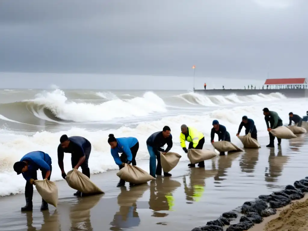 Equipo reforzando barrera costera con sacos de arena ante subida del mar