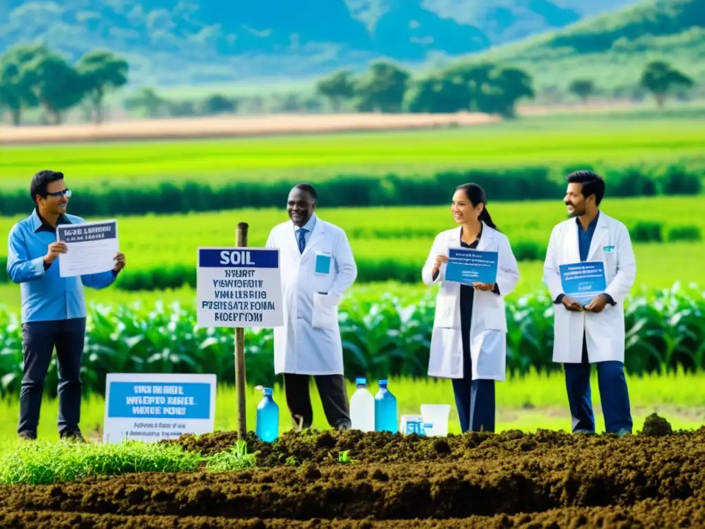 Un equipo de científicos analiza muestras de suelo y agua en una zona rural, mientras lugareños abogan por la protección del medio ambiente