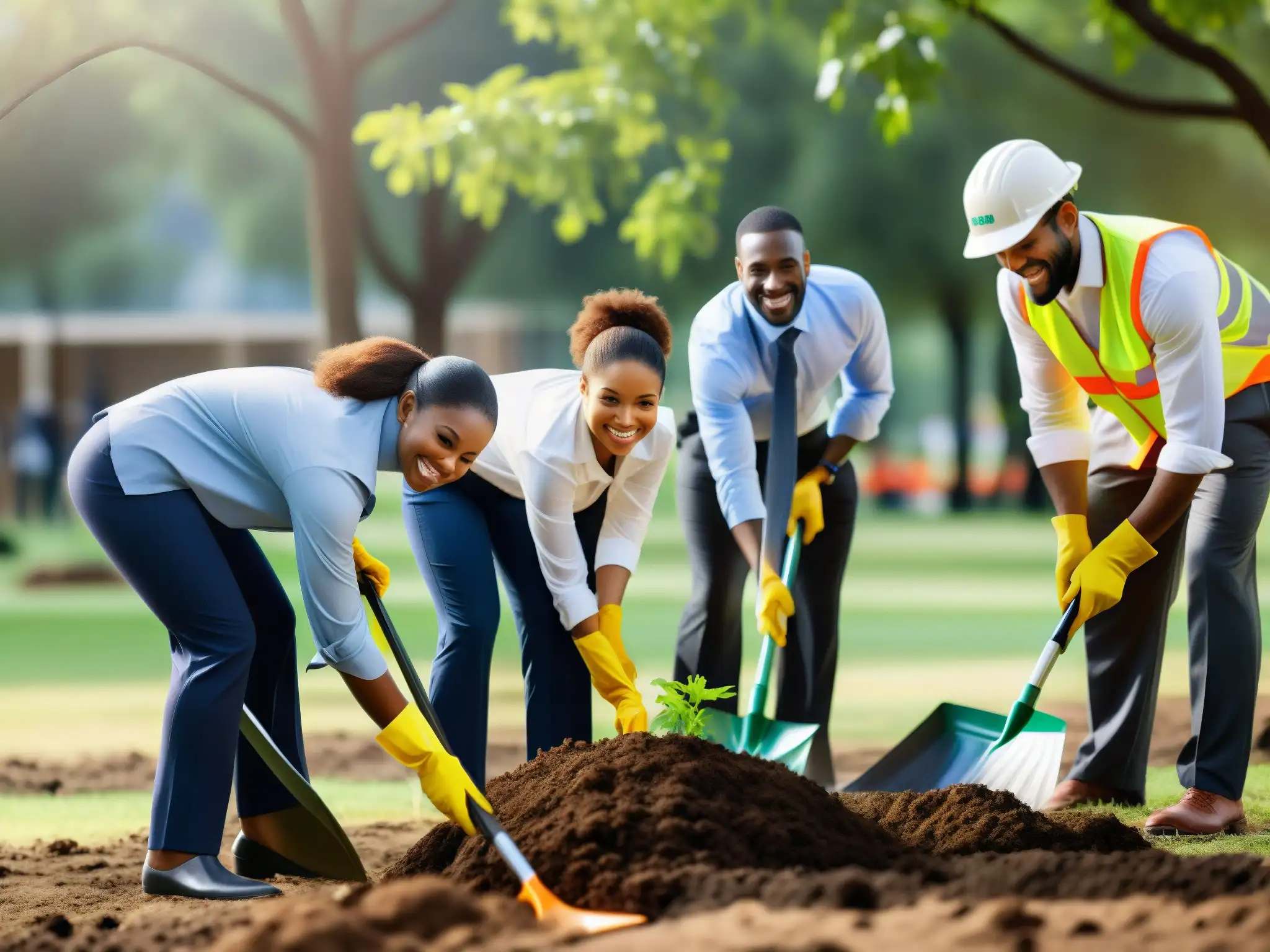 'Equipo corporativo participando en proyecto de responsabilidad social, plantando árboles y limpiando parque