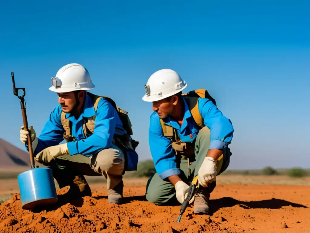 Equipo de desminadores en terreno remoto, mostrando determinación y valentía en desminado postconflicto y seguridad humana