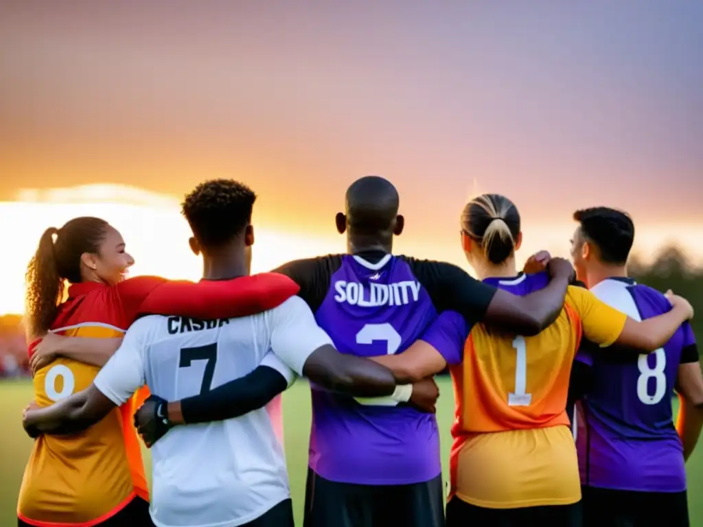 Un equipo diverso de atletas LGBT+ y aliados se abrazan en un campo deportivo al atardecer, mostrando unidad y apoyo
