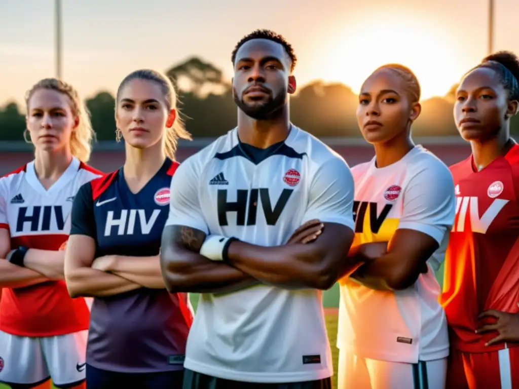 Un equipo diverso de atletas usando camisetas con el lazo de conciencia del VIH/SIDA, unidos al atardecer