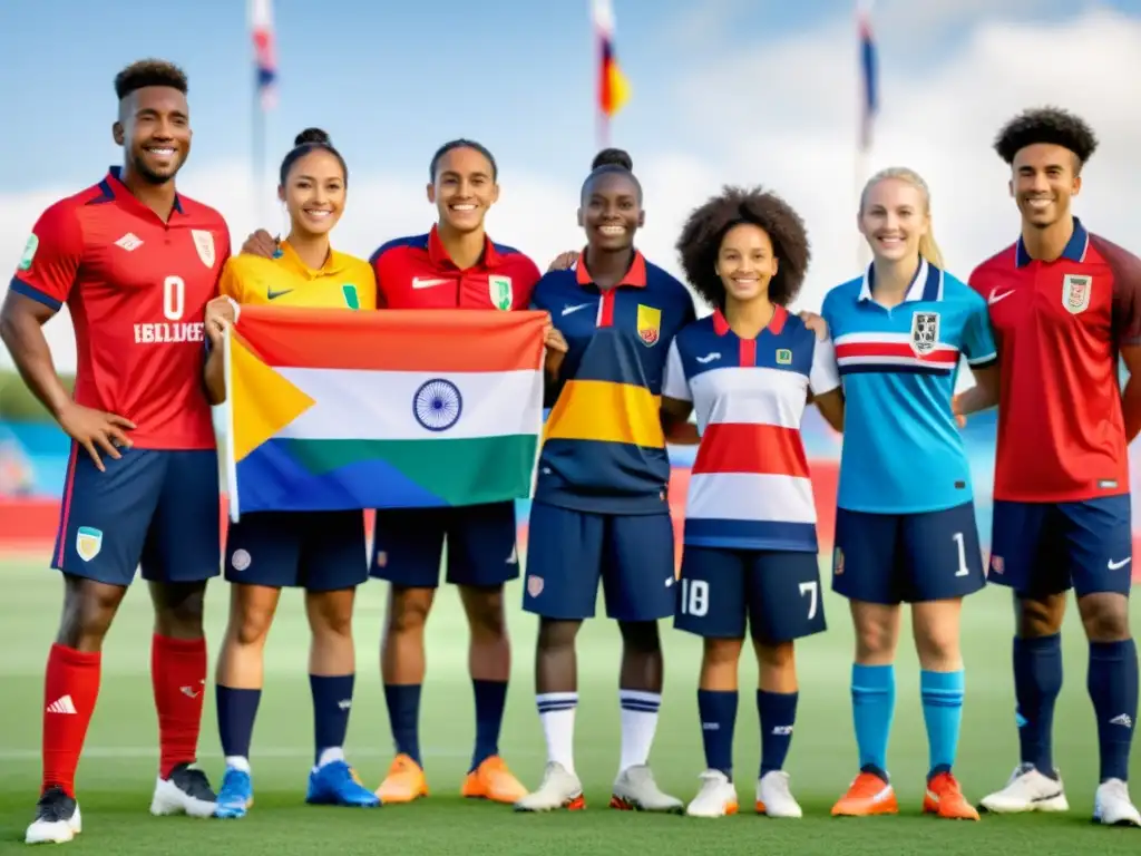 Equipo diverso de atletas en el campo deportivo con banderas culturales al fondo, fomentando la diversidad cultural en equipos deportivos