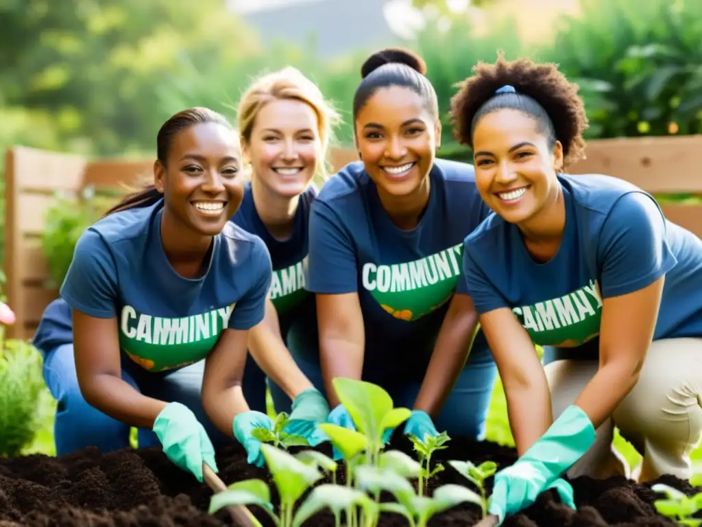 Equipo de empleados comprometidos en un jardín comunitario Equipo diverso de una empresa comprometida con justicia social, trabajando en un jardín comunitario, transmitiendo colaboración y positivo impacto