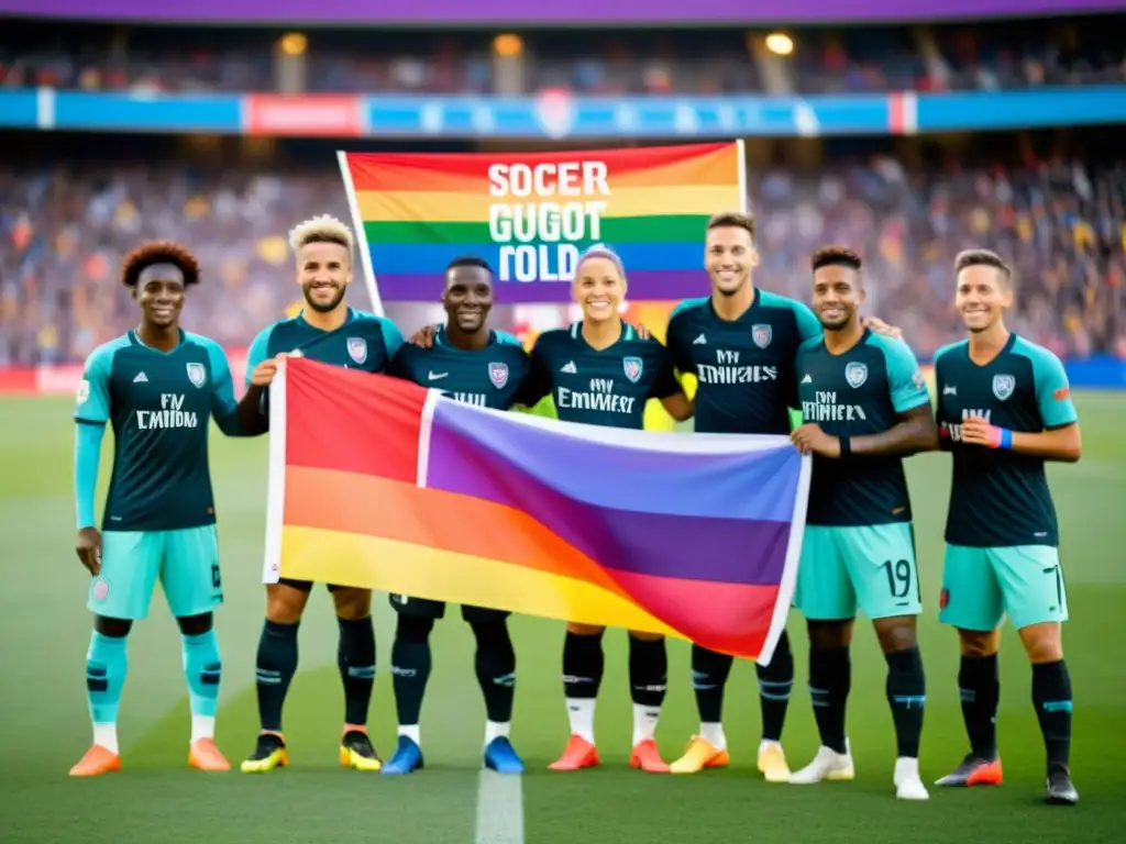 Un equipo diverso de futbolistas con brazaletes arcoíris levanta un cartel de apoyo a la comunidad LGBTQ+ en un campo de fútbol