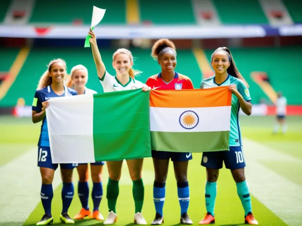 Un equipo diverso de futbolistas femeninas se prepara para el juego en un campo verde brillante, mostrando determinación y unidad