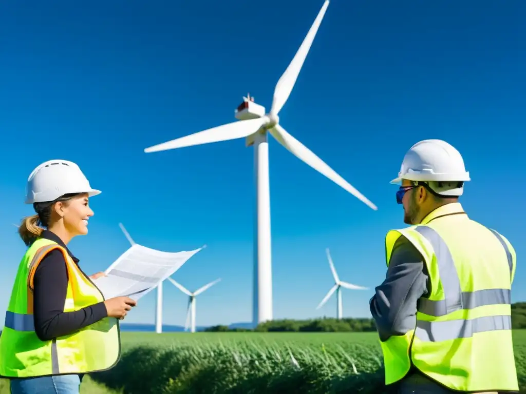 Equipo diverso trabajando junto a un moderno aerogenerador en un día soleado, reflejando la relación entre derechos laborales y sostenibilidad