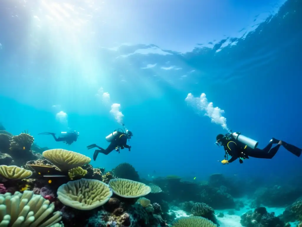 Un equipo diverso de biólogos marinos y conservacionistas realizando investigación para la Protección de los derechos humanos marinos