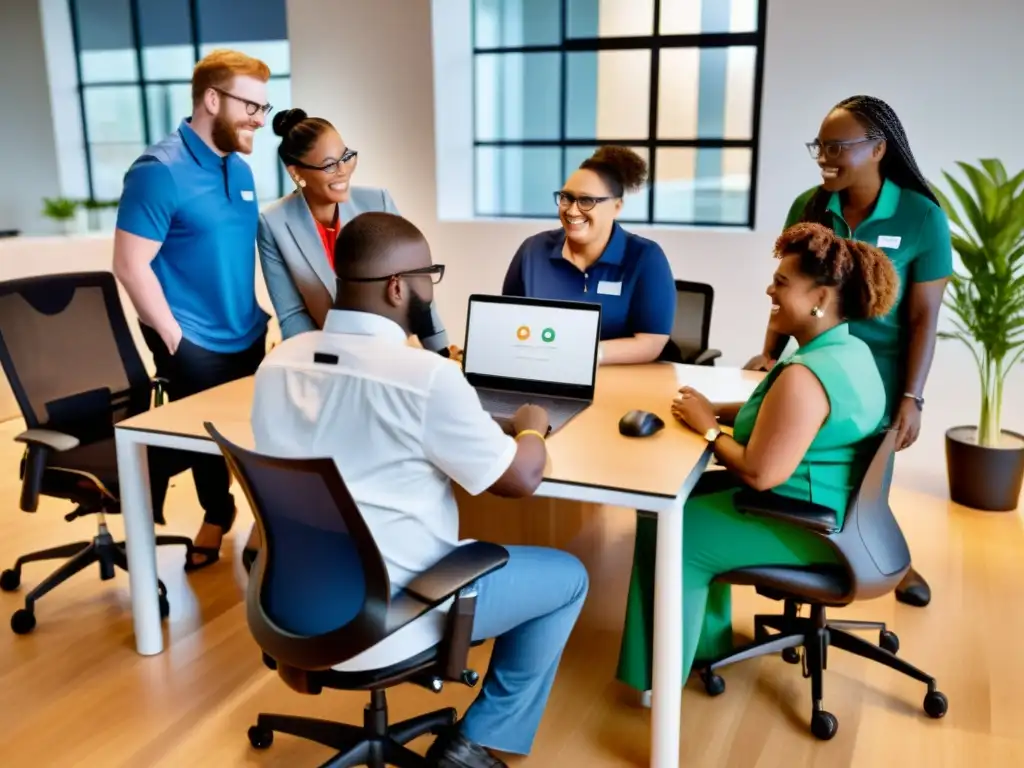 Equipo diverso de personas con discapacidad colaborando en una oficina inclusiva, mostrando los beneficios de la integración laboral