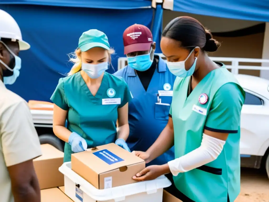 Un equipo diverso de profesionales y voluntarios trabajando juntos para brindar ayuda médica en una comunidad en crisis