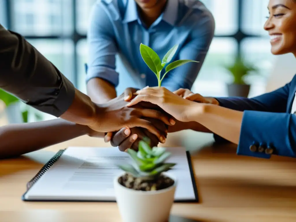 Equipo diverso colaborando en oficina sostenible Un equipo diverso colabora en un proyecto en una oficina moderna, enfocándose en la responsabilidad corporativa y los derechos laborales