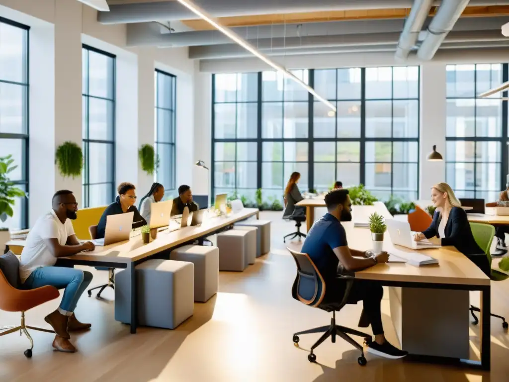 Equipo diverso de una startup en un espacio de oficina moderno y abierto, reflejando el impacto positivo en los derechos laborales