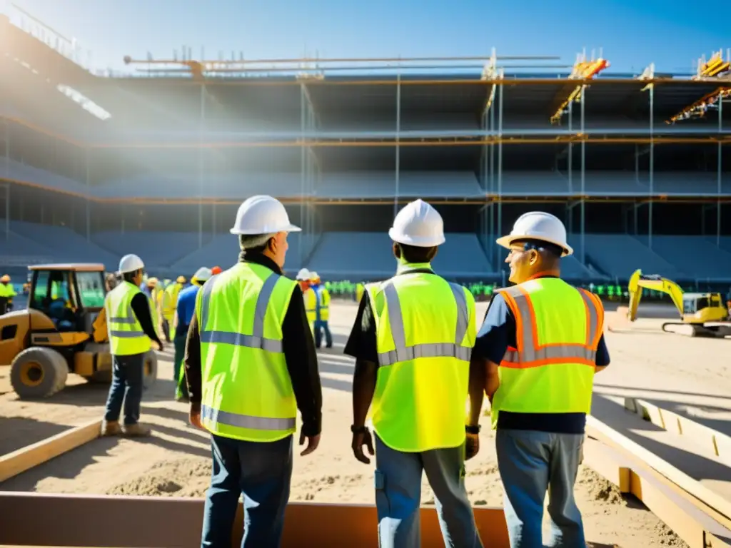 Un equipo diverso de trabajadores construye un estadio, reflejando la implicación local