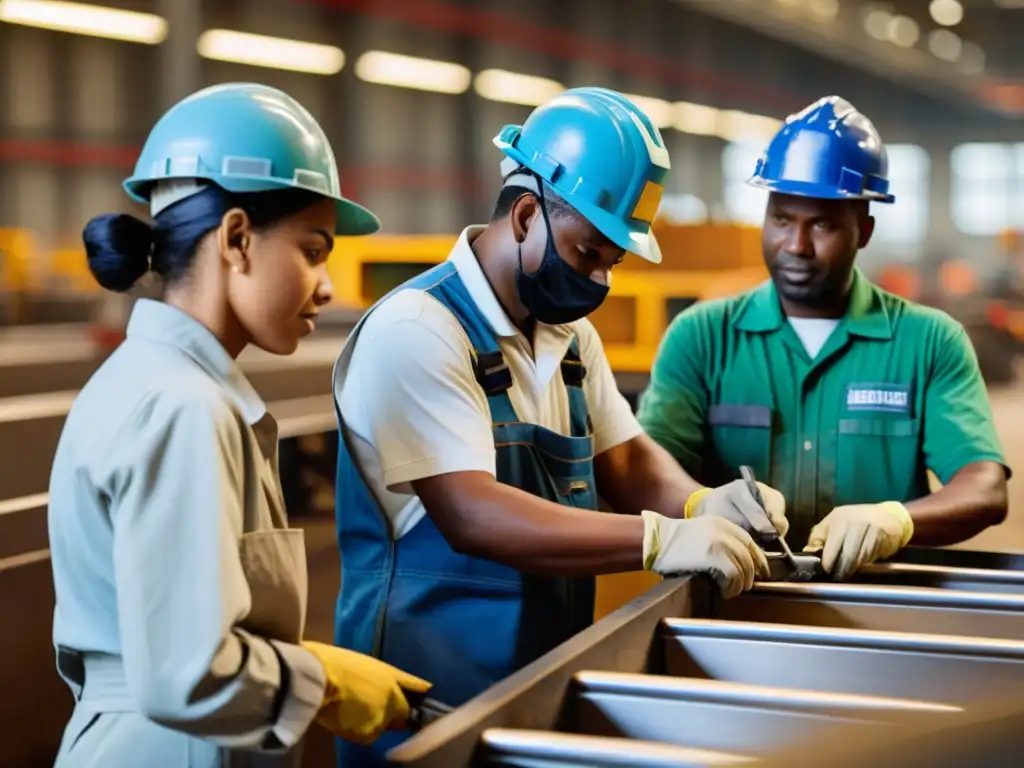 Cooperación laboral en una fábrica: diversidad y compromiso Un equipo diverso de trabajadores labora juntos en una fábrica, en un ambiente de cooperación y responsabilidad corporativa derechos laborales