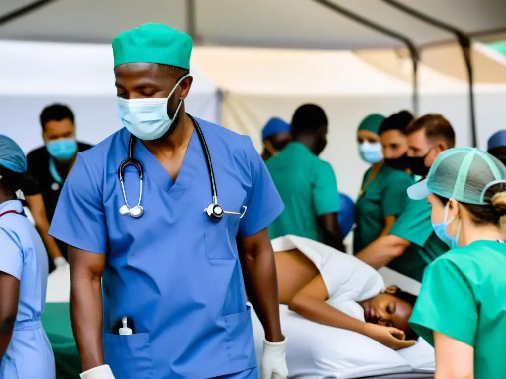 Un equipo diverso de trabajadores de la salud y voluntarios coordina esfuerzos en un centro médico improvisado en una zona de crisis