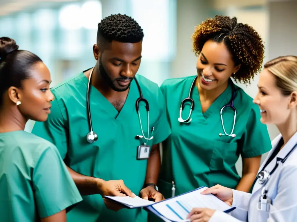 Un equipo diverso de trabajadores de la salud en un hospital moderno y ocupado, mostrando dedicación y empatía en su labor