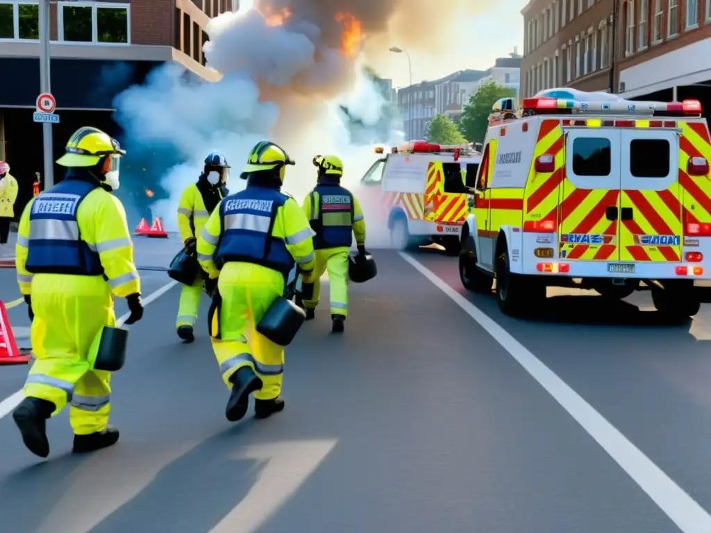 Equipo de emergencia en operación de limpieza química en la ciudad, con vehículos de emergencia y tensión en el aire