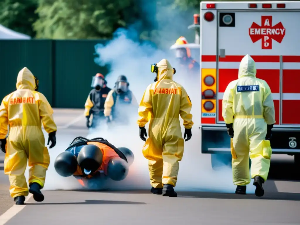 Equipo de emergencia en trajes de hazmat realiza descontaminación en ataque químico