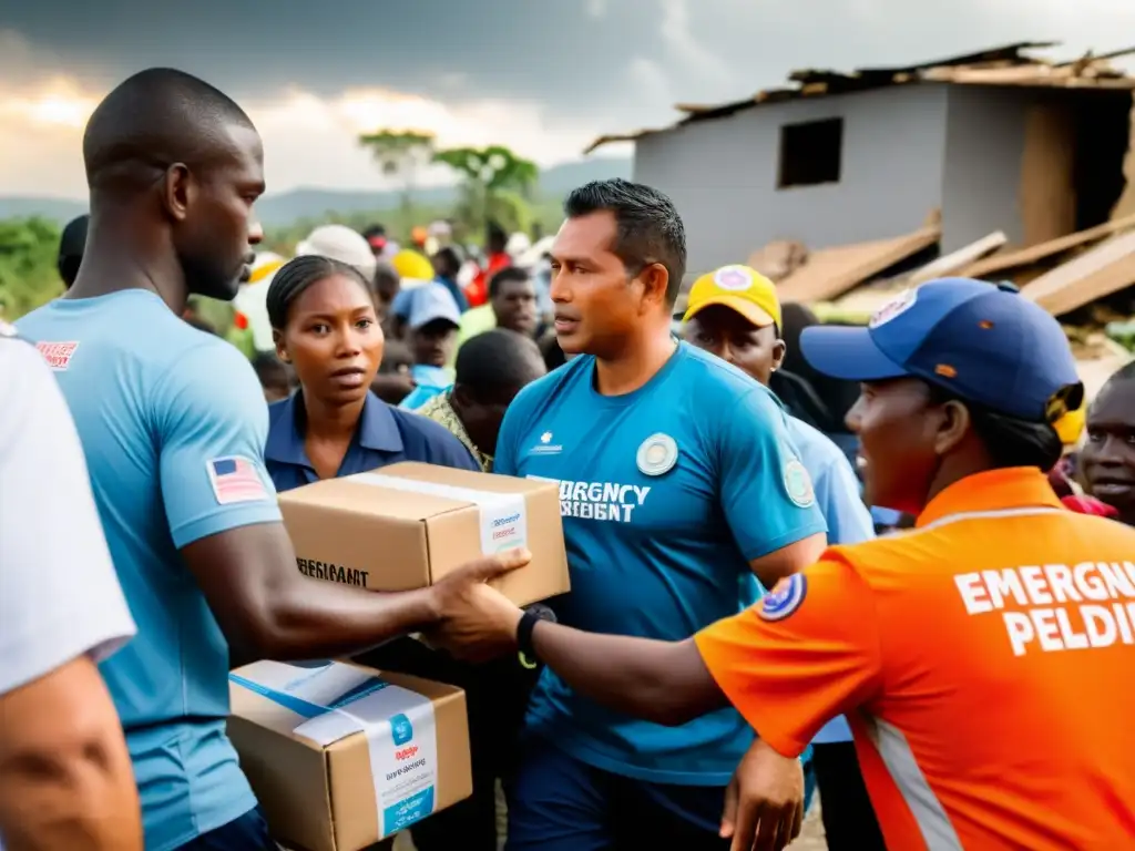 Equipo de emergencia y voluntarios distribuyendo ayuda en una comunidad afectada por desastre natural