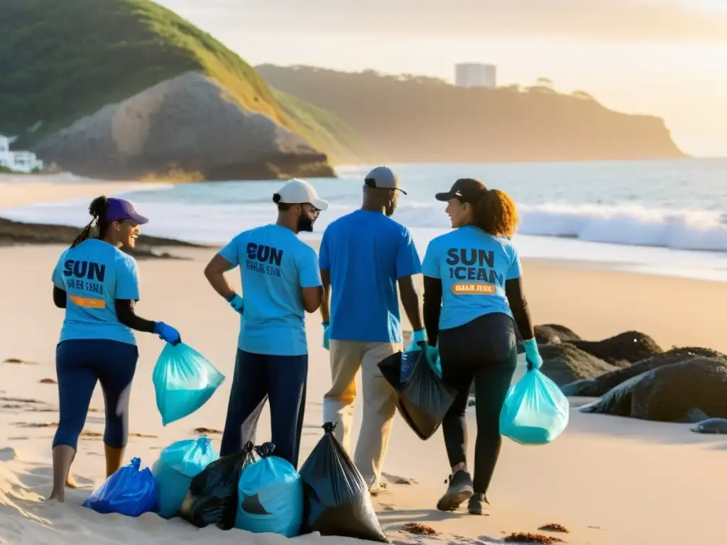 Equipo de una empresa tecnológica participando en una limpieza de playa al atardecer