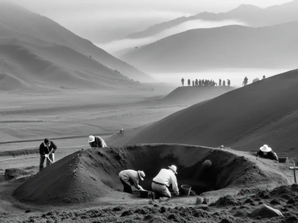 Equipo forense excavando fosas comunes en Chile, una escena envuelta en niebla que refleja solemnidad y misterio