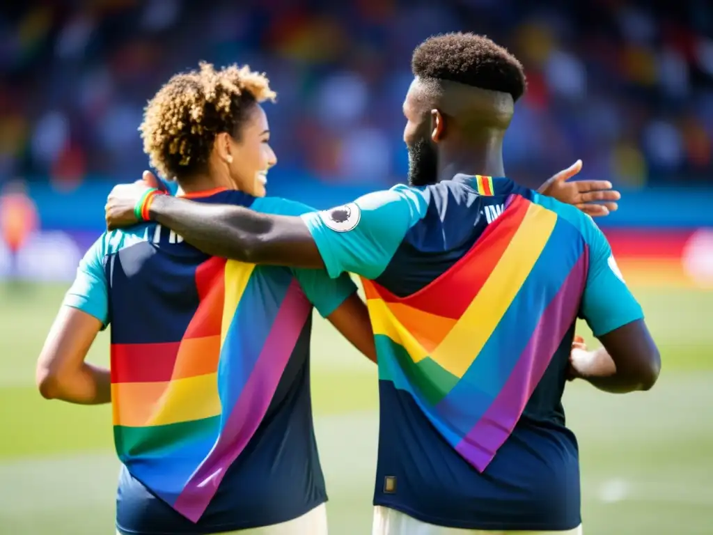 Equipo de fútbol diverso con brazalete arcoíris, unidos en solidaridad, desafiando la homofobia en el fútbol, con bandera arcoíris de fondo