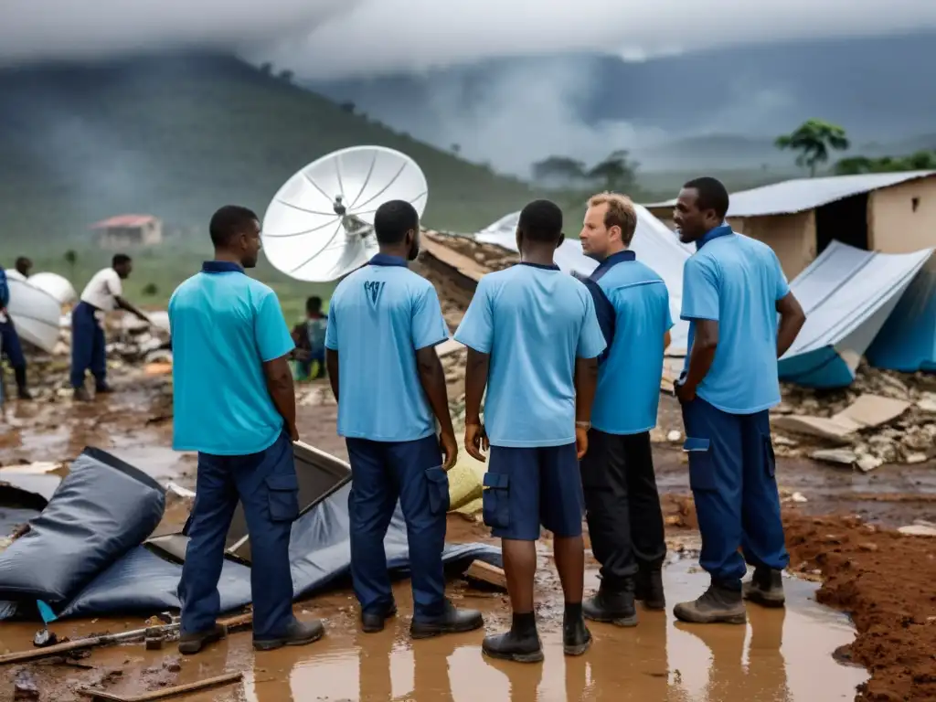 Equipo humanitario instala antena satelital en zona afectada por desastre, destacando la importancia del Acceso Digital en Emergencias Humanitarias