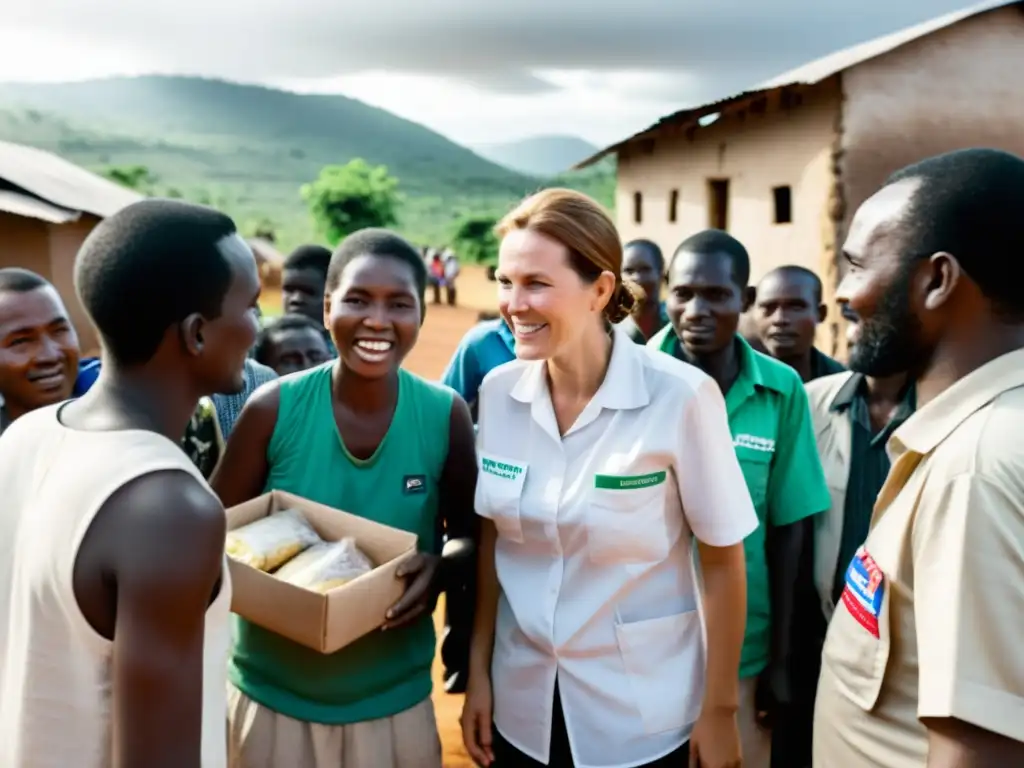 Equipo de cooperación internacional distribuyendo suministros médicos y alimenticios en una aldea remota, generando esperanza y escepticismo entre la comunidad local