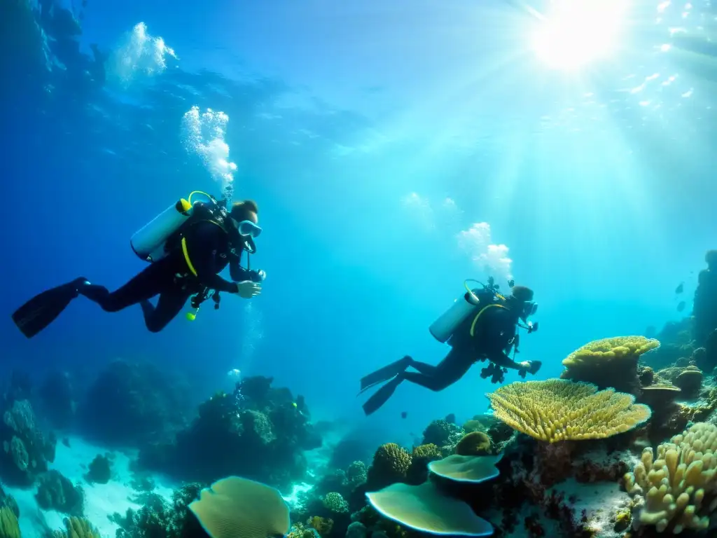 Un equipo de biólogos marinos explora arrecifes de coral en aguas cristalinas, documentando la salud del ecosistema marino