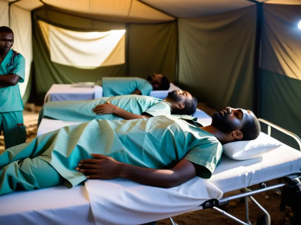 Un equipo médico agotado brinda atención a combatientes heridos en un hospital de campaña en una zona de guerra