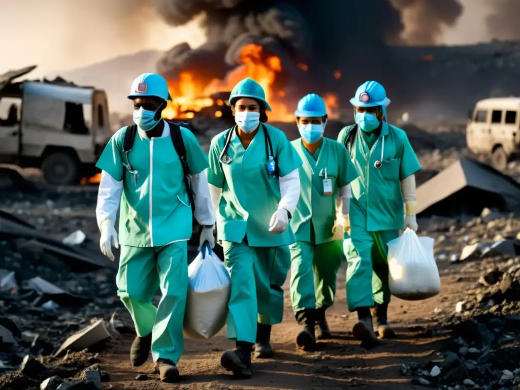 Equipo médico agotado brinda ayuda en zona de conflicto, resaltando la necesidad de acceso a medicamentos en conflictos armados