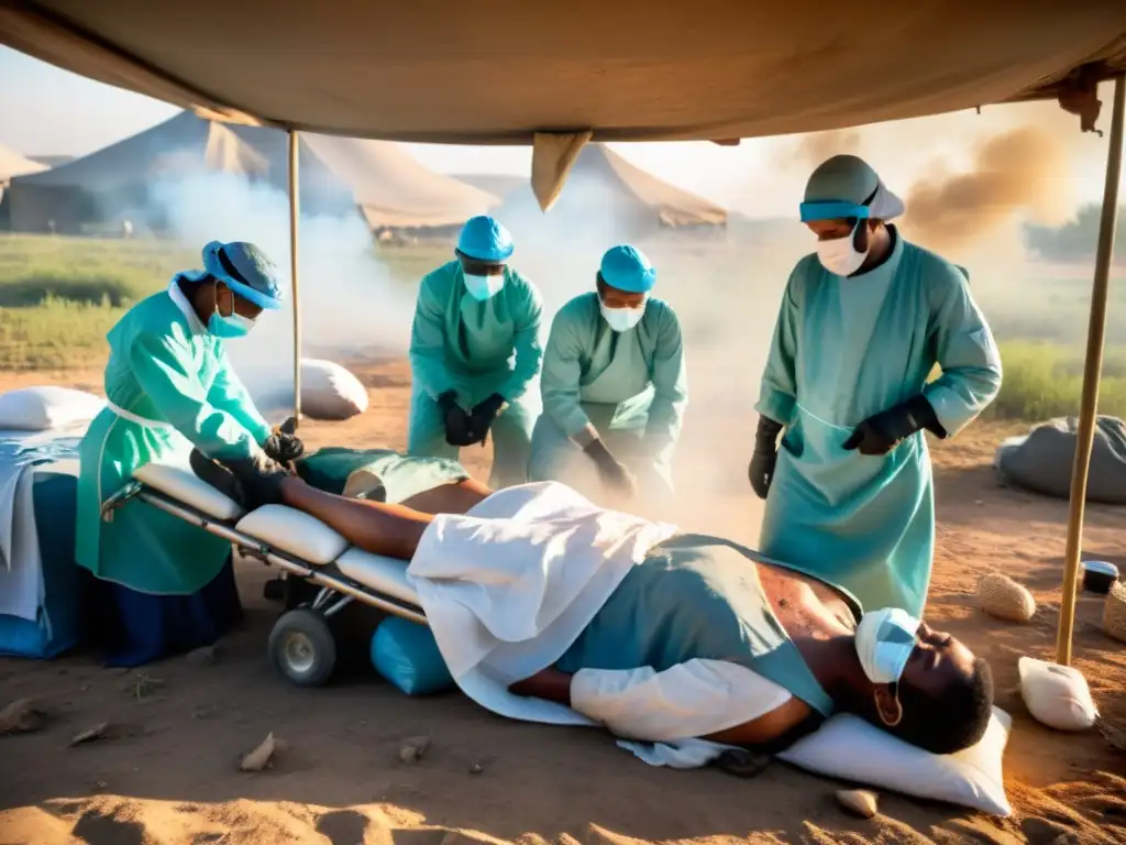 Un equipo médico agotado pero decidido atiende a civiles heridos en un hospital improvisado en una zona de conflicto, representando la lucha por los derechos humanos en situaciones de conflicto